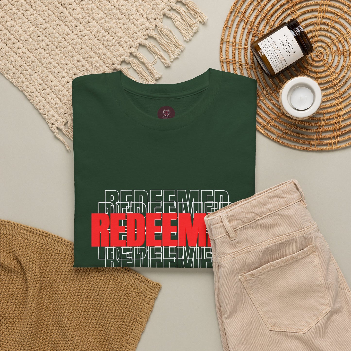 Redeemed Graphic Tee — Bold Layered Text Christian T-Shirt