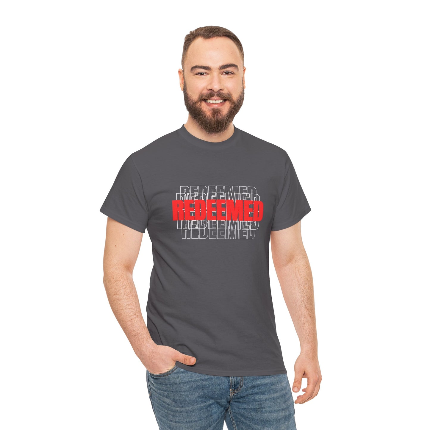 Redeemed Graphic Tee — Bold Layered Text Christian T-Shirt