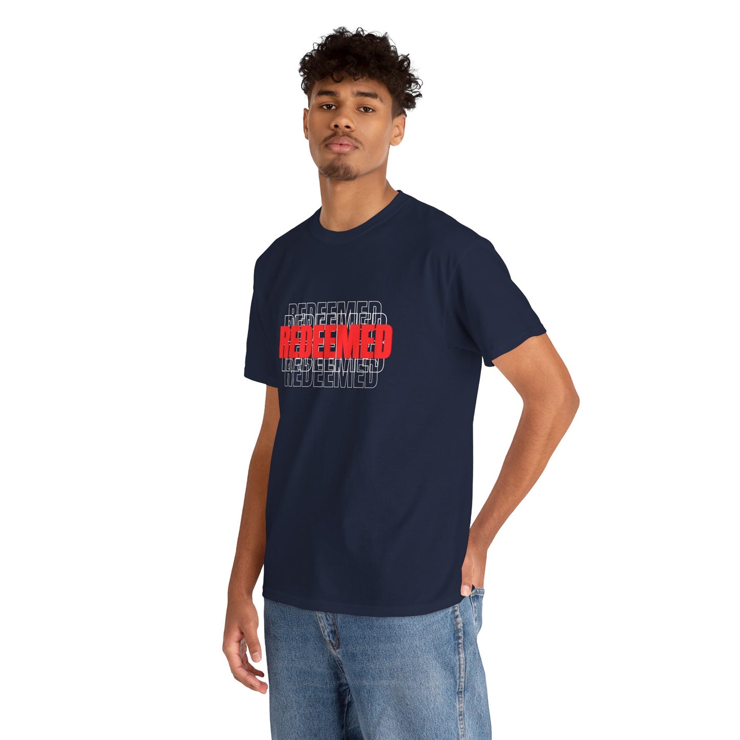 Redeemed Graphic Tee — Bold Layered Text Christian T-Shirt