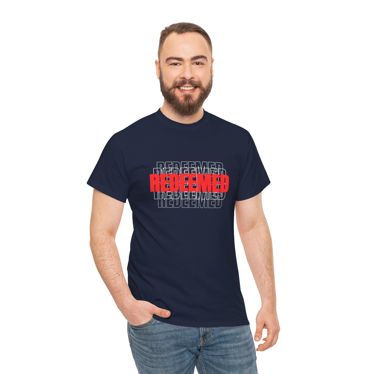 Redeemed Graphic Tee — Bold Layered Text Christian T-Shirt