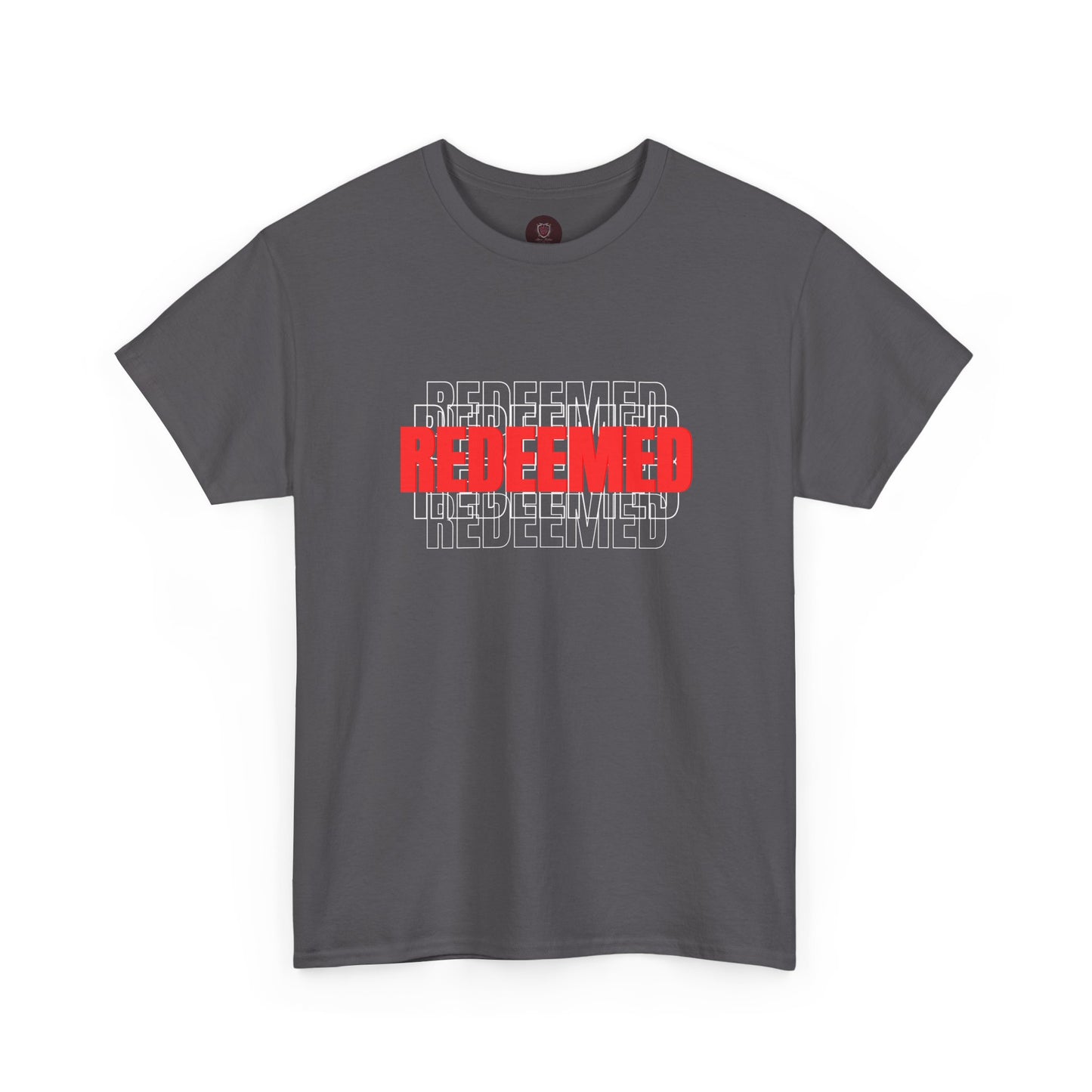 Redeemed Graphic Tee — Bold Layered Text Christian T-Shirt