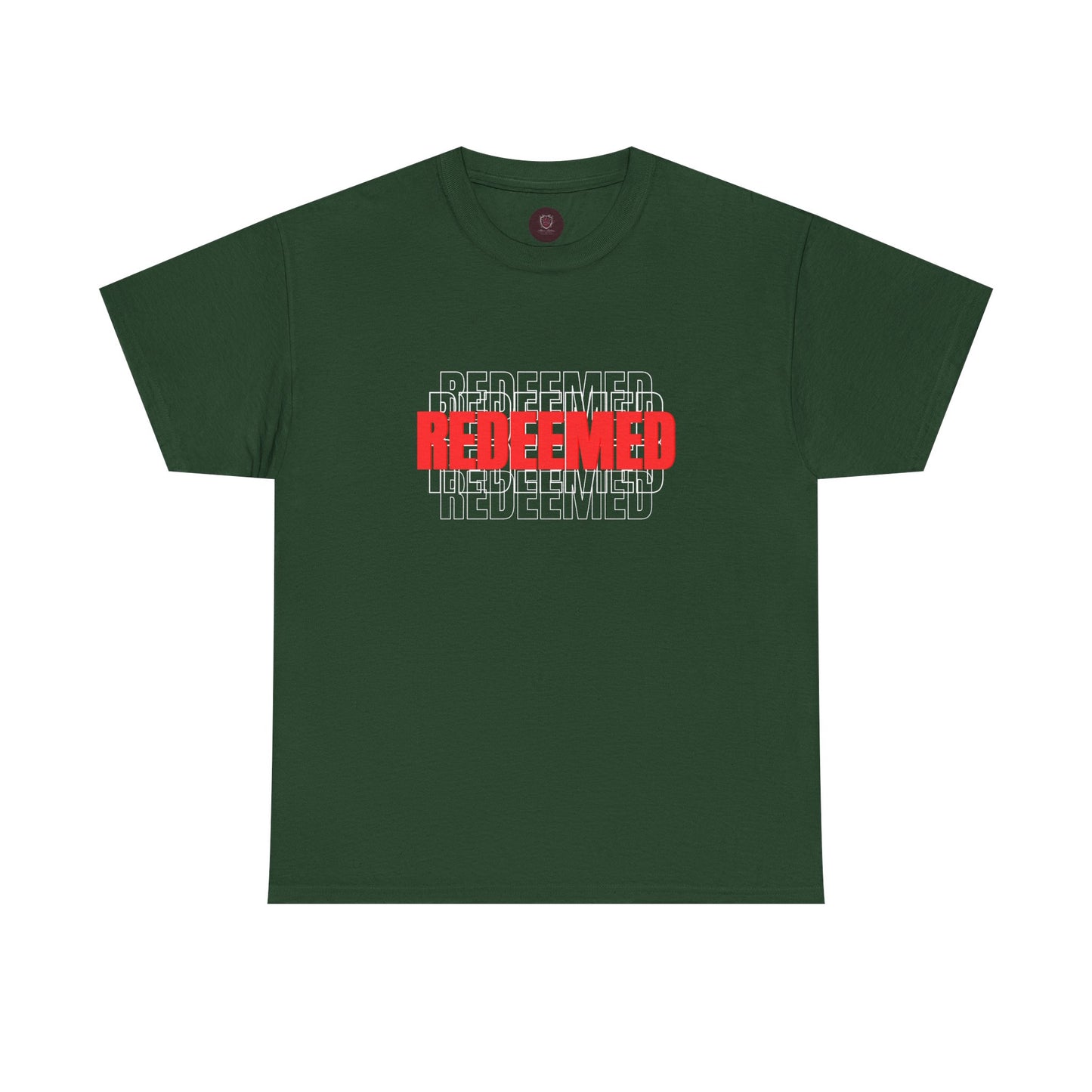 Redeemed Graphic Tee — Bold Layered Text Christian T-Shirt