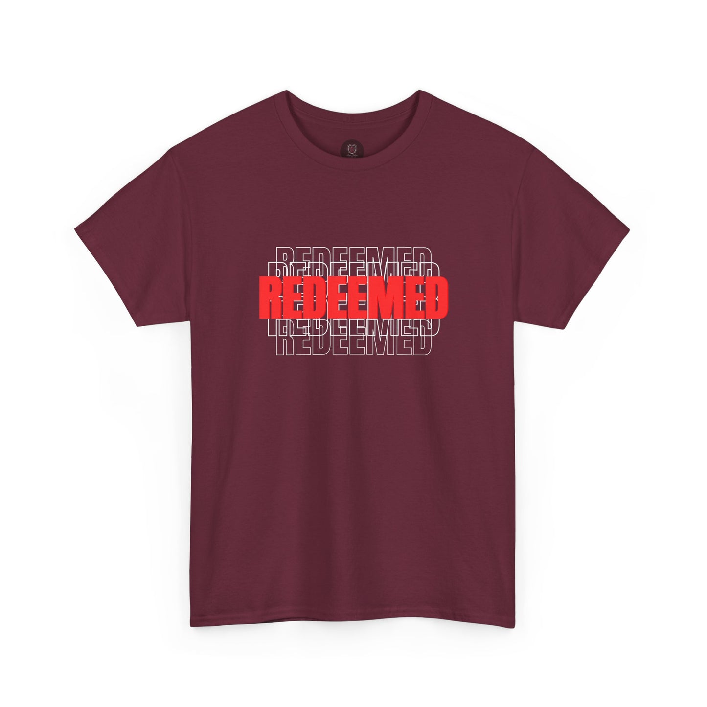 Redeemed Graphic Tee — Bold Layered Text Christian T-Shirt