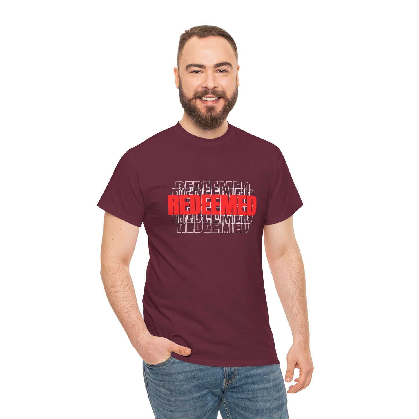Redeemed Graphic Tee — Bold Layered Text Christian T-Shirt