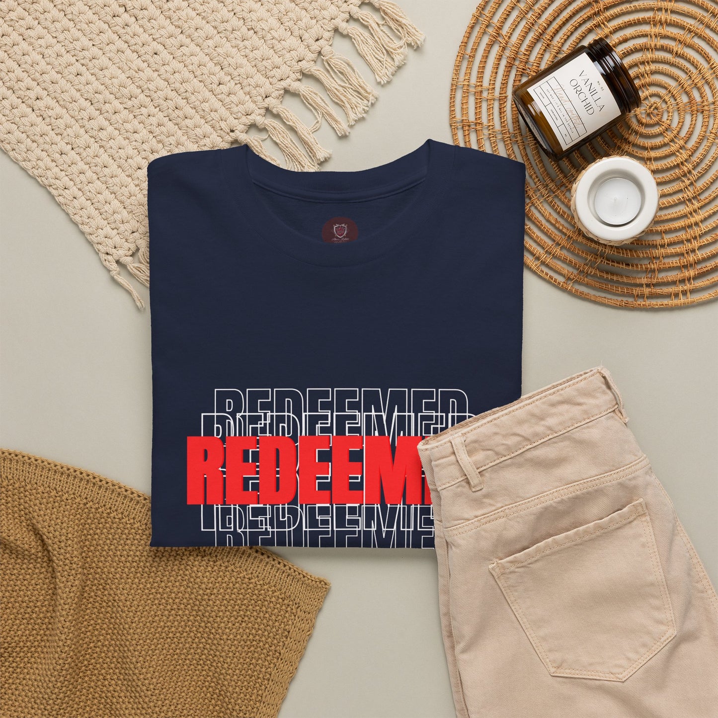 Redeemed Graphic Tee — Bold Layered Text Christian T-Shirt