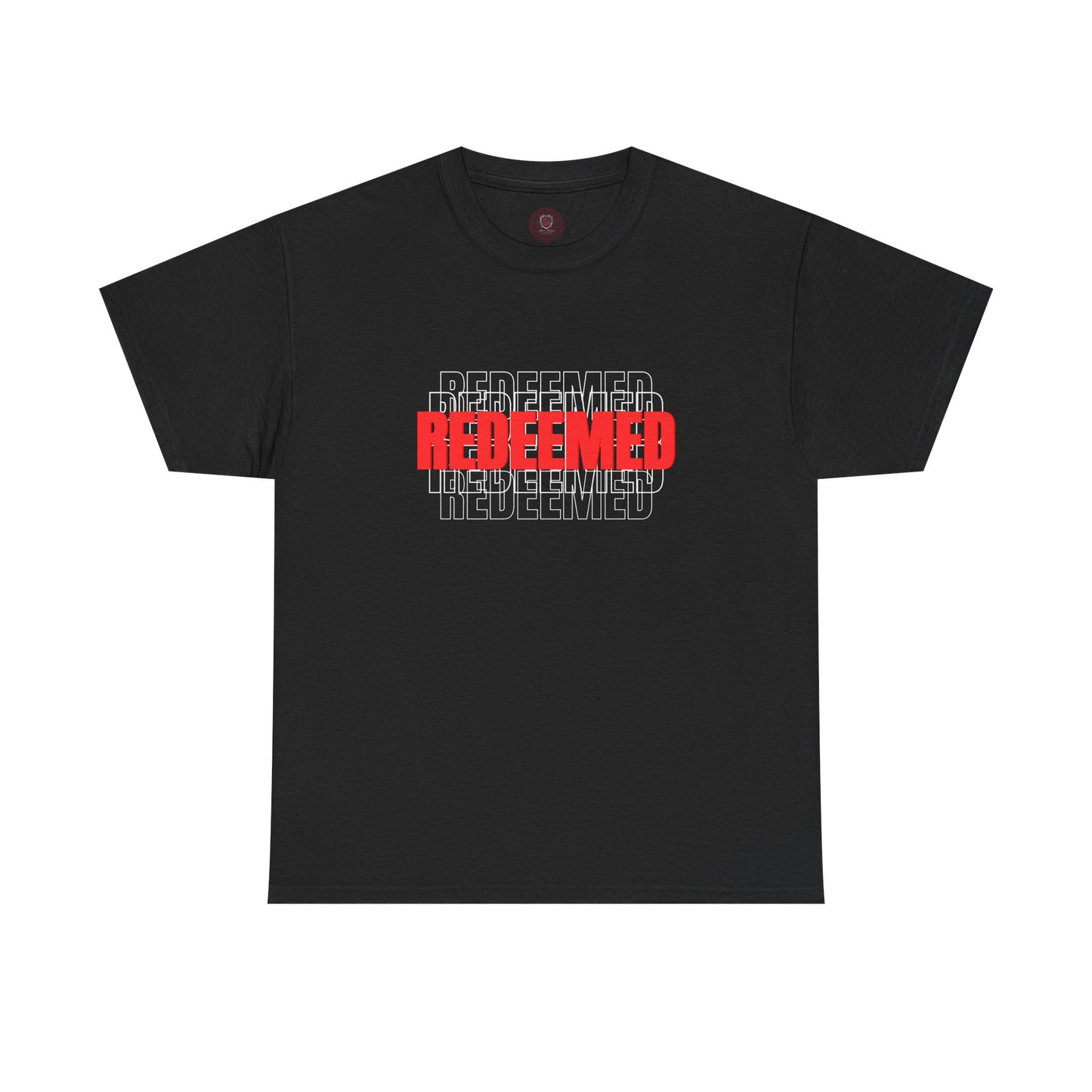 Redeemed Graphic Tee — Bold Layered Text Christian T-Shirt