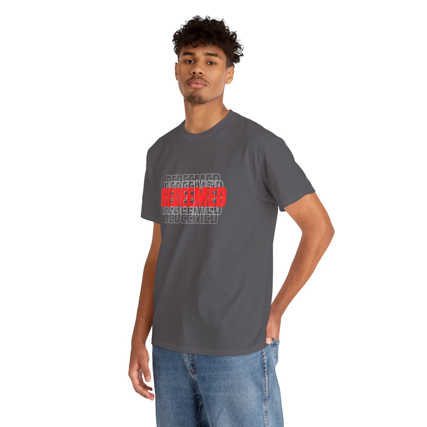 Redeemed Graphic Tee — Bold Layered Text Christian T-Shirt