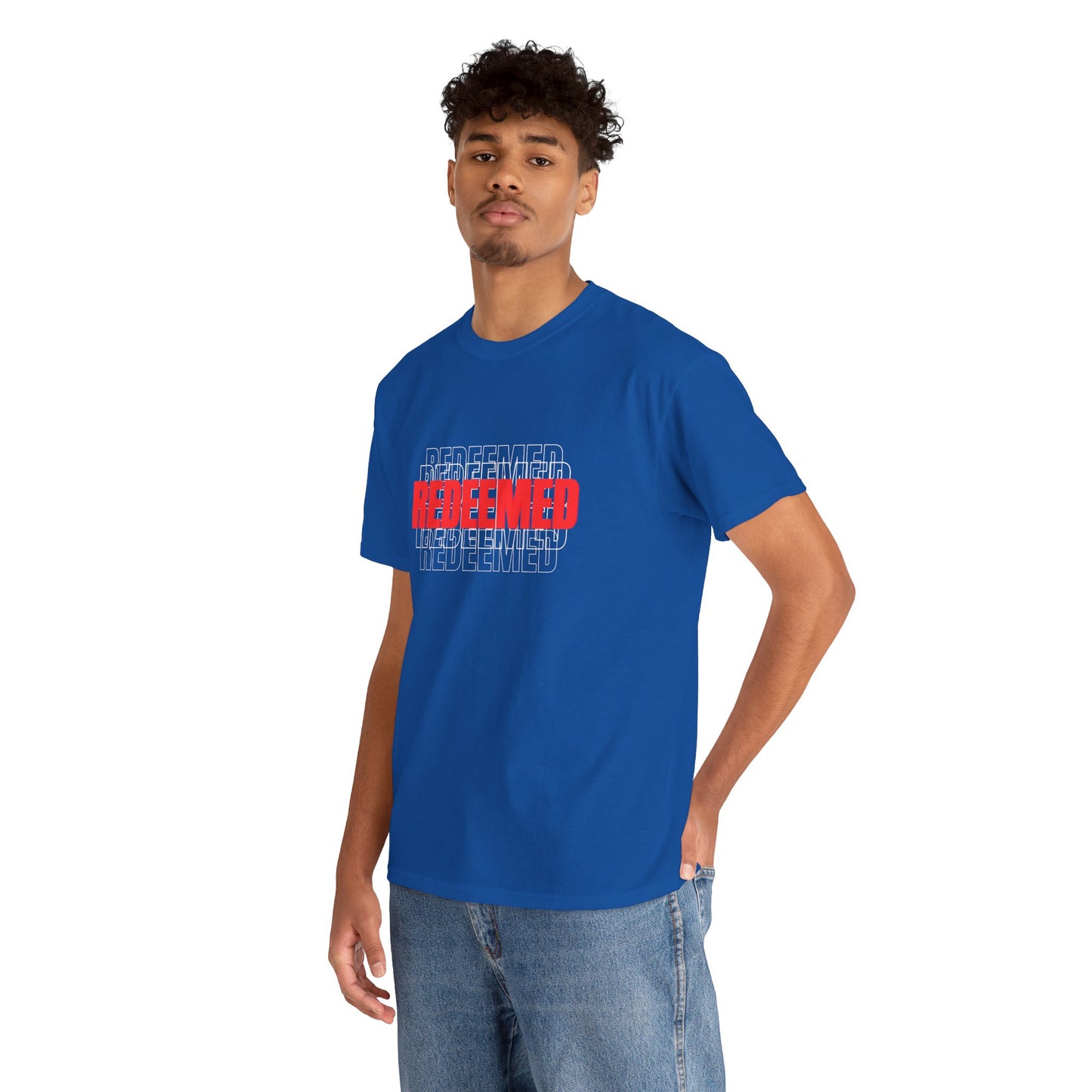 Redeemed Graphic Tee — Bold Layered Text Christian T-Shirt