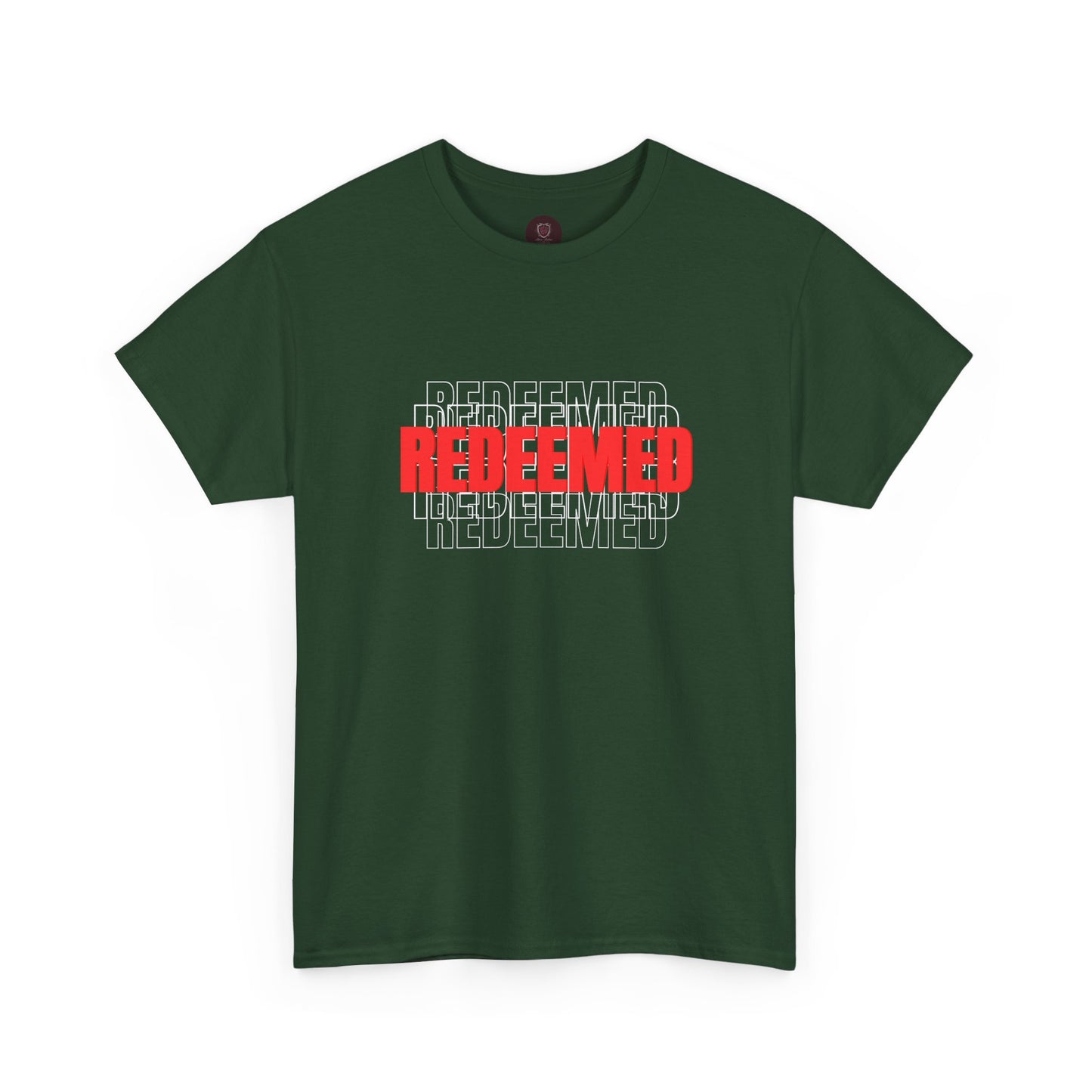 Redeemed Graphic Tee — Bold Layered Text Christian T-Shirt