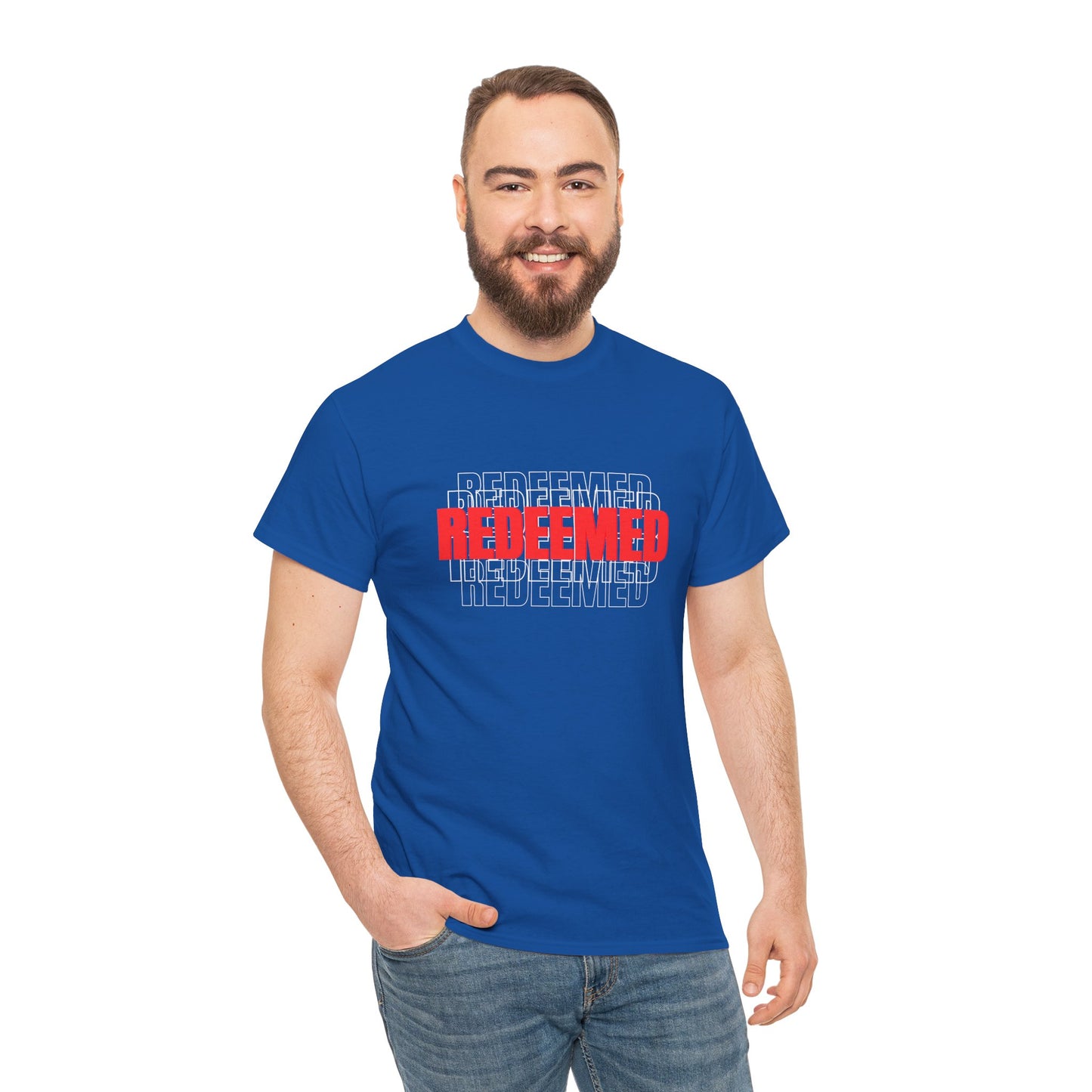 Redeemed Graphic Tee — Bold Layered Text Christian T-Shirt