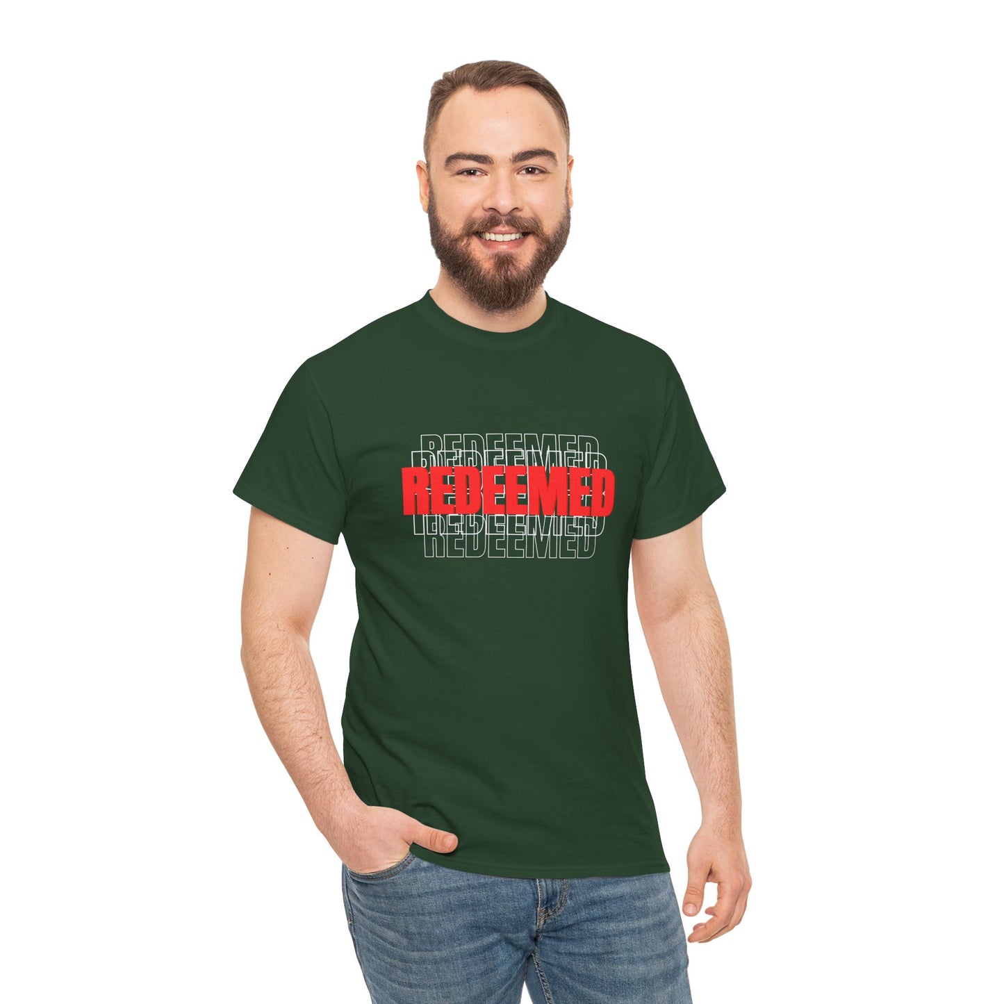Redeemed Graphic Tee — Bold Layered Text Christian T-Shirt