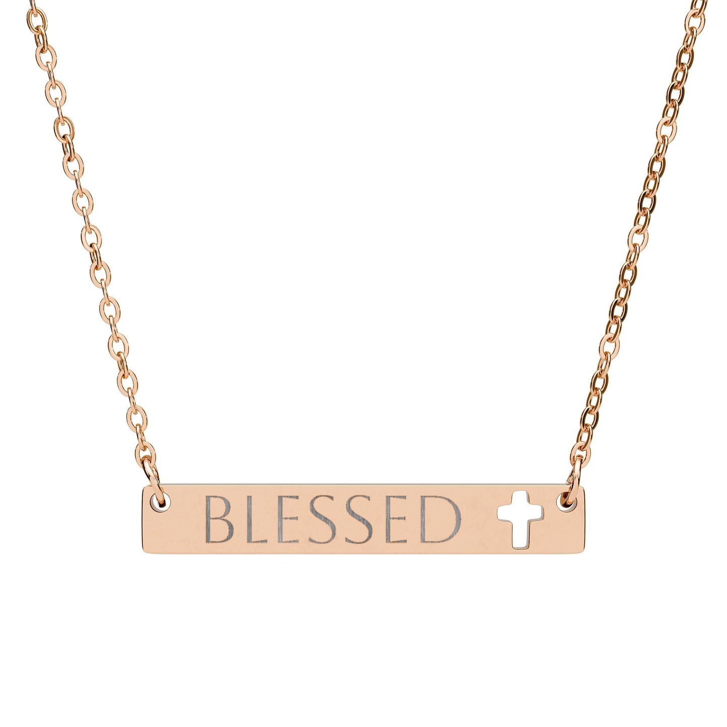 Blessed Cutout Cross Bar Necklace (Engraved)