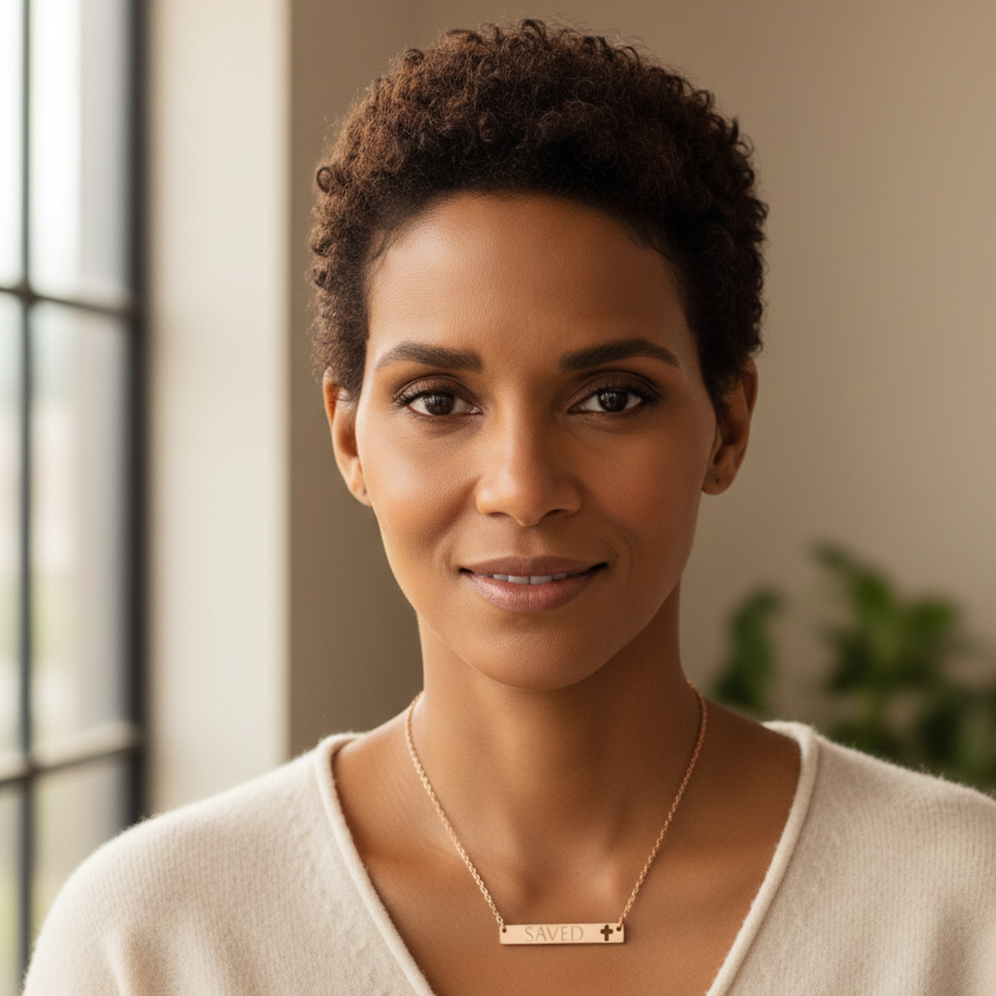 Saved Cutout Cross Bar Necklace (Engraved)