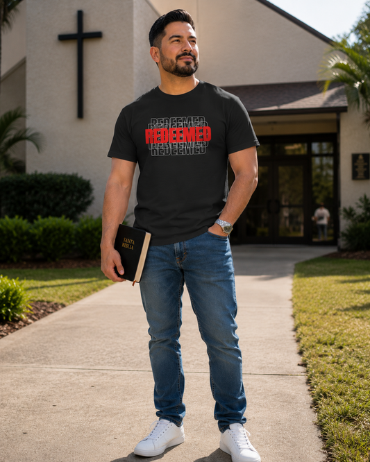 Redeemed Graphic Tee — Bold Layered Text Christian T-Shirt