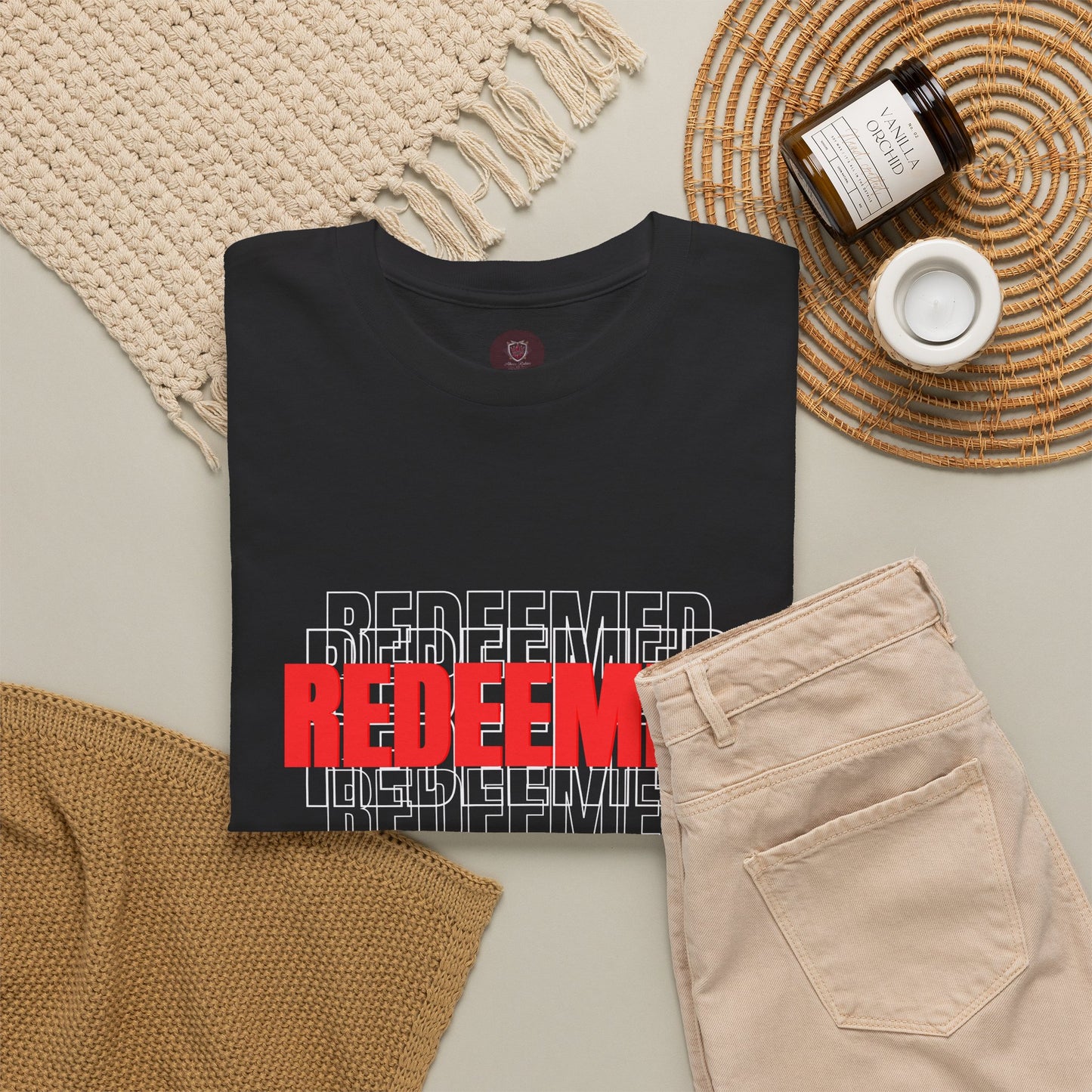 Redeemed Graphic Tee — Bold Layered Text Christian T-Shirt
