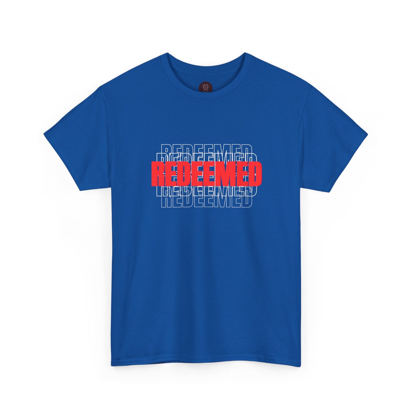 Redeemed Graphic Tee — Bold Layered Text Christian T-Shirt