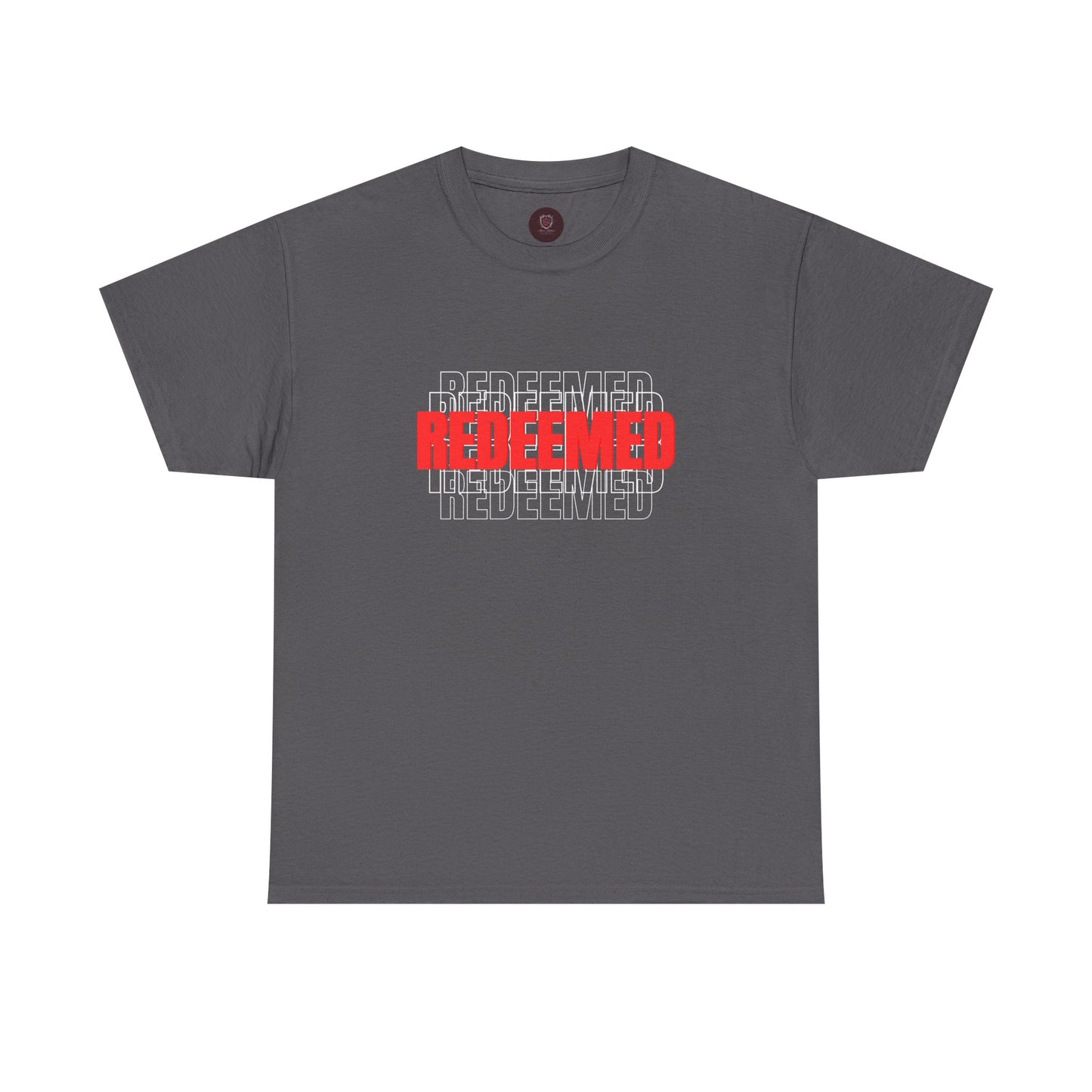 Redeemed Graphic Tee — Bold Layered Text Christian T-Shirt