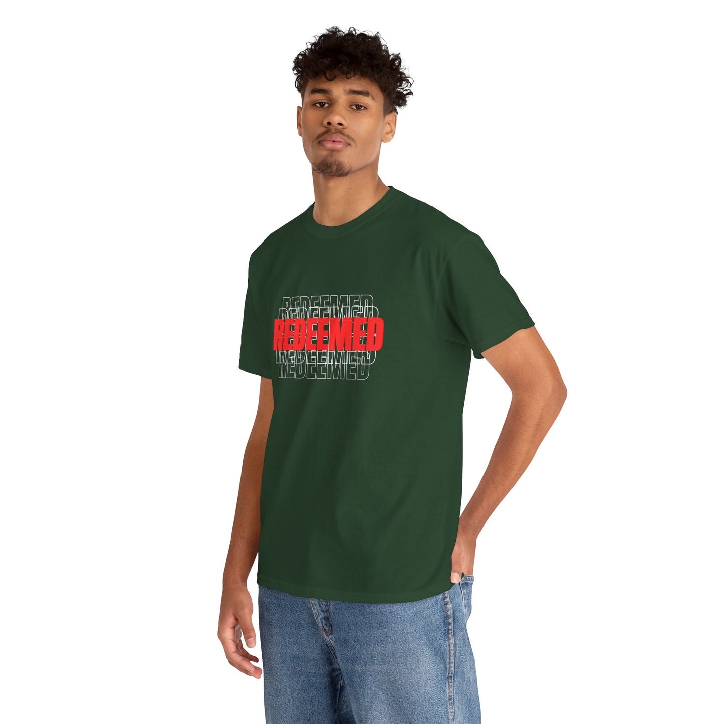 Redeemed Graphic Tee — Bold Layered Text Christian T-Shirt