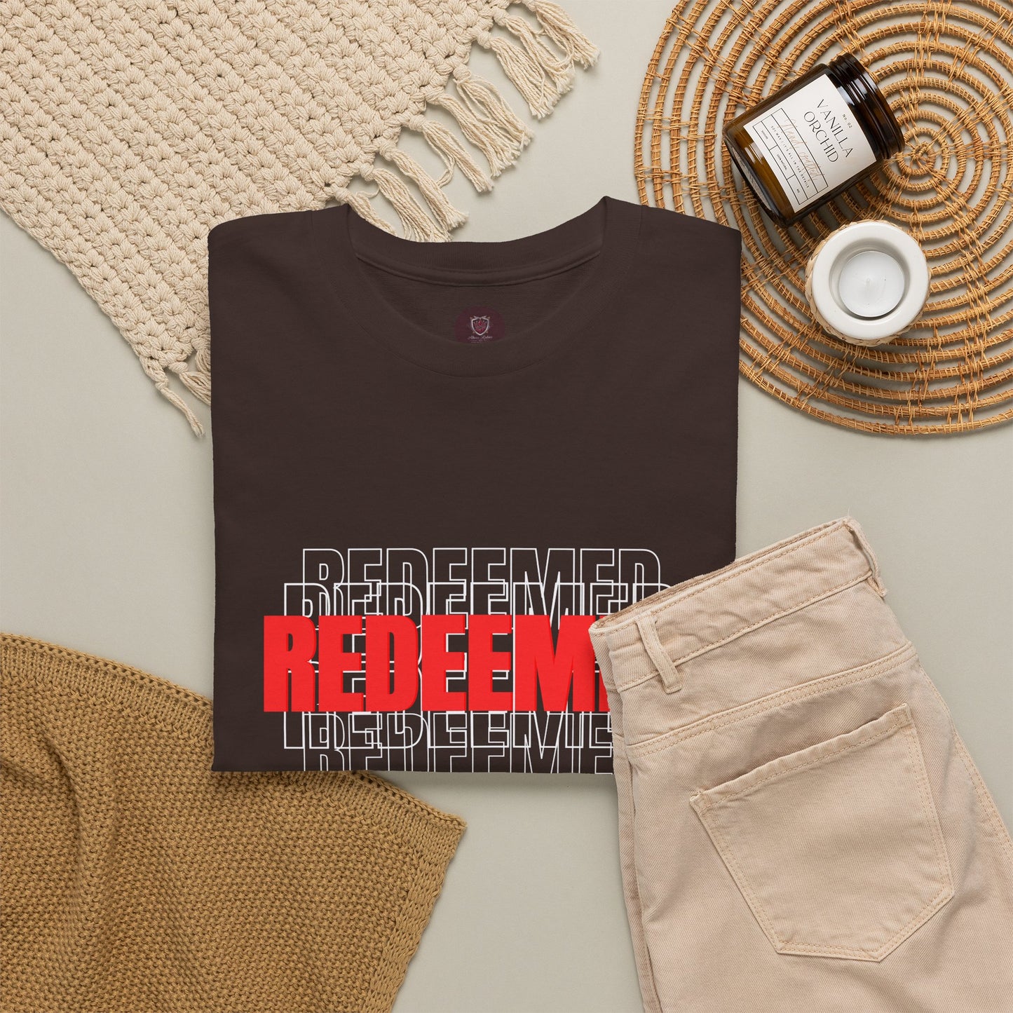 Redeemed Graphic Tee — Bold Layered Text Christian T-Shirt