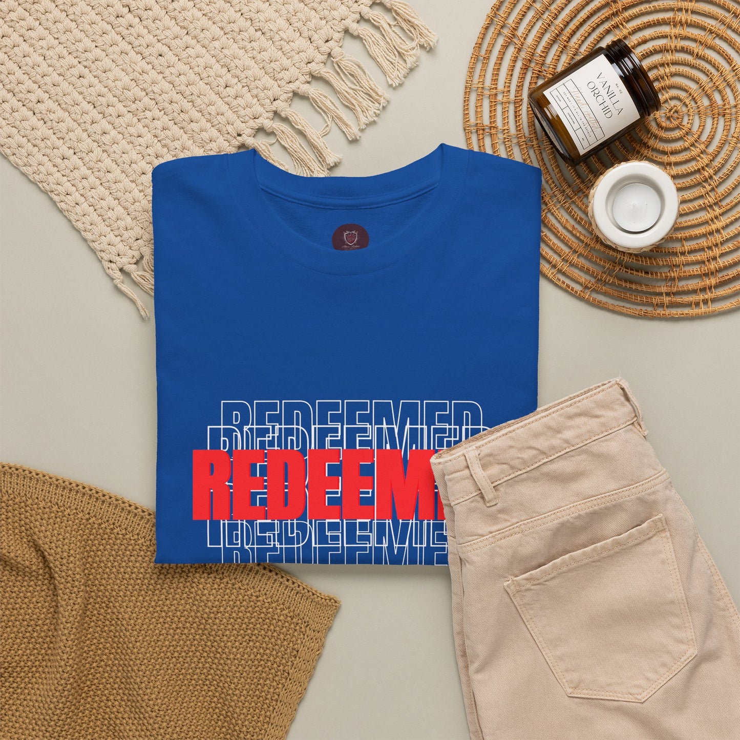 Redeemed Graphic Tee — Bold Layered Text Christian T-Shirt
