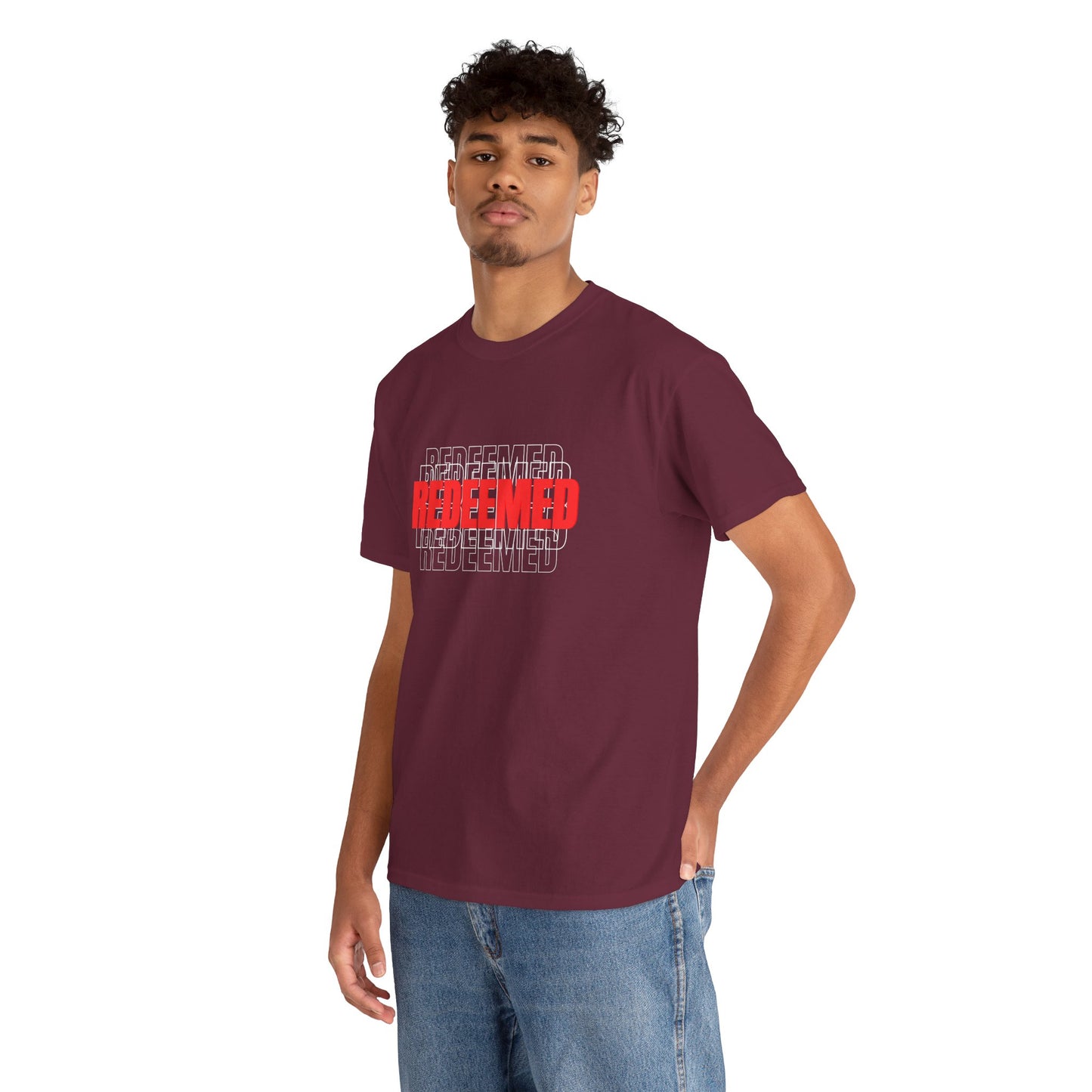 Redeemed Graphic Tee — Bold Layered Text Christian T-Shirt