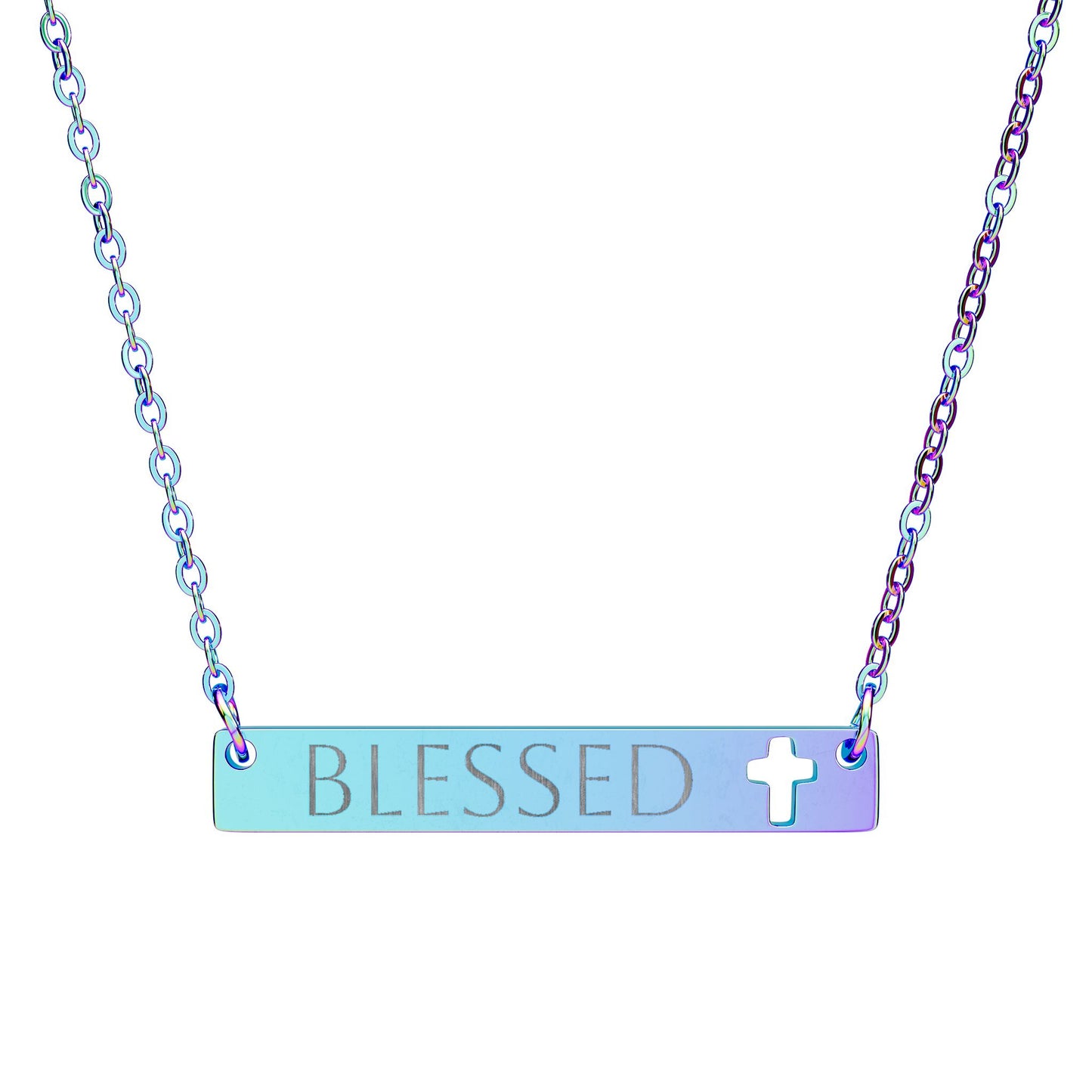 Blessed Cutout Cross Bar Necklace (Engraved)
