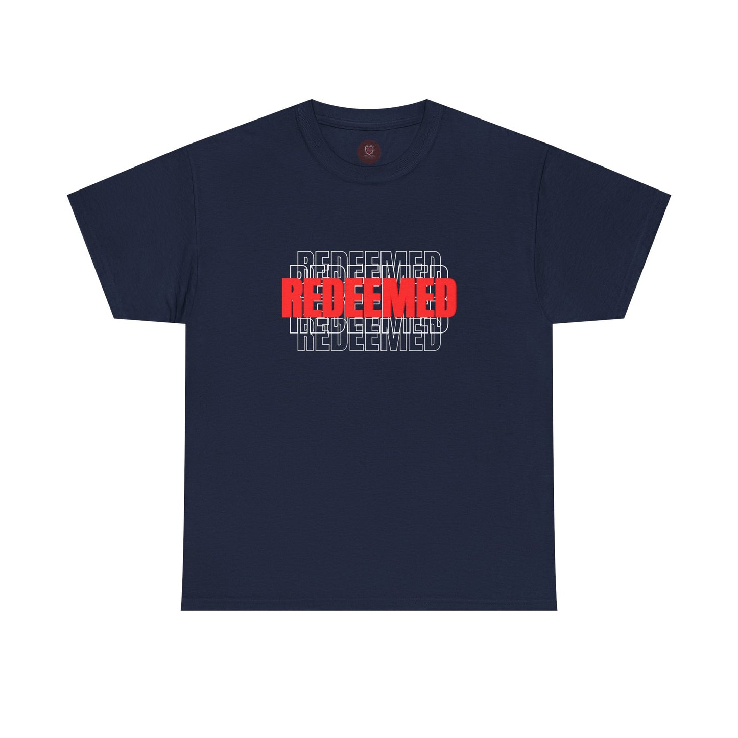 Redeemed Graphic Tee — Bold Layered Text Christian T-Shirt