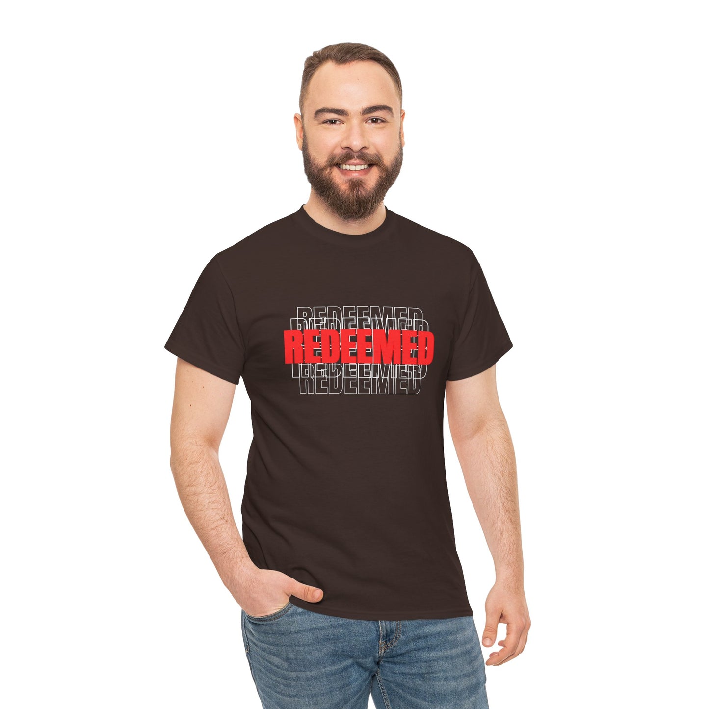 Redeemed Graphic Tee — Bold Layered Text Christian T-Shirt