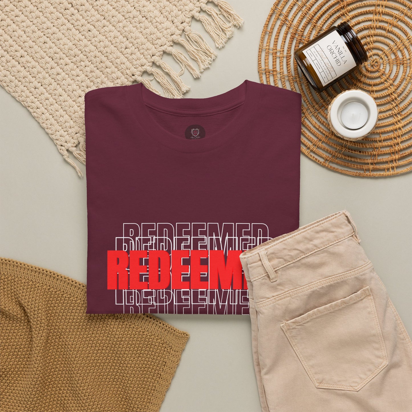 Redeemed Graphic Tee — Bold Layered Text Christian T-Shirt