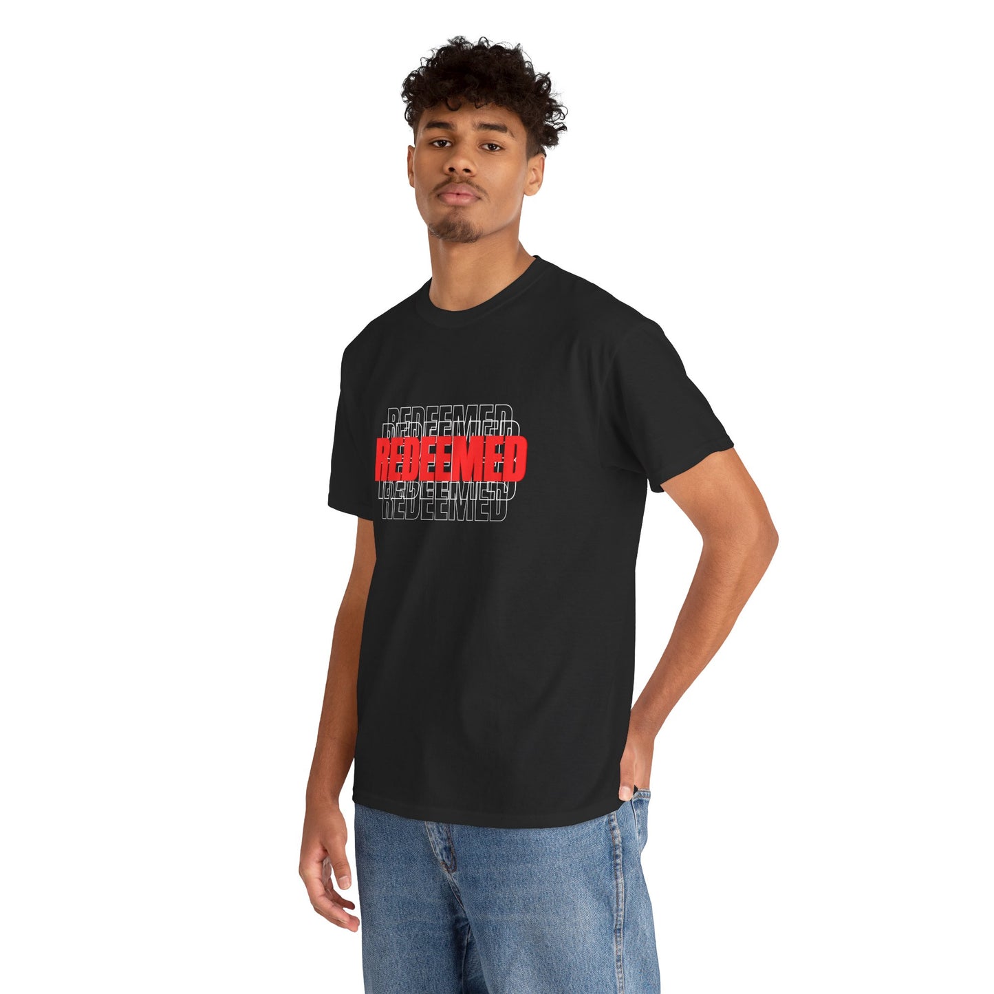 Redeemed Graphic Tee — Bold Layered Text Christian T-Shirt