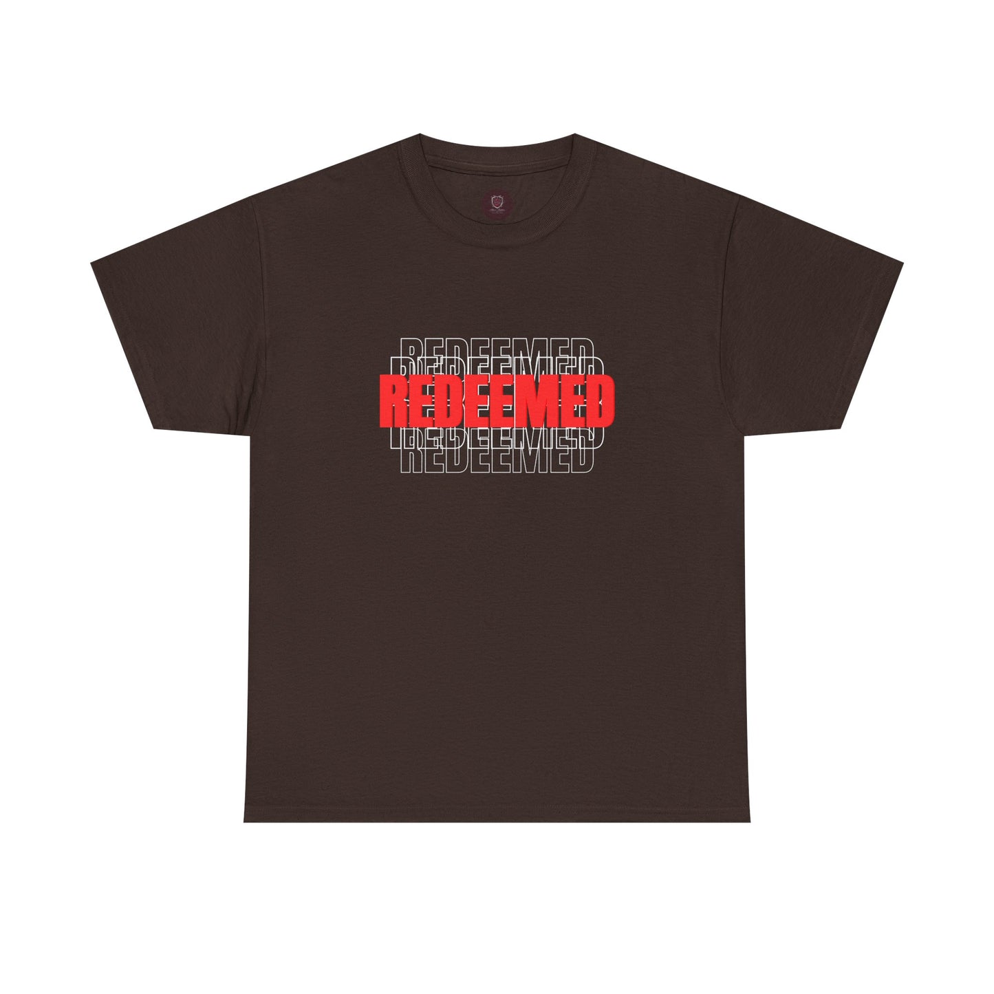 Redeemed Graphic Tee — Bold Layered Text Christian T-Shirt