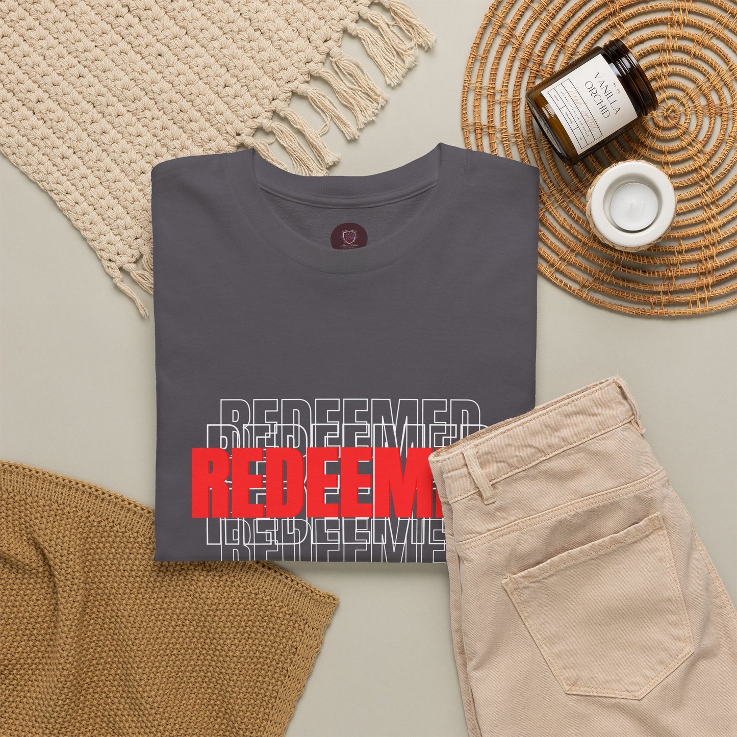 Redeemed Graphic Tee — Bold Layered Text Christian T-Shirt