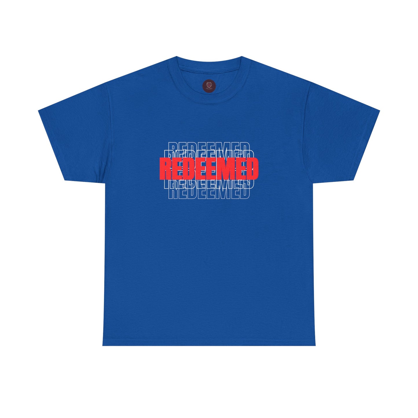 Redeemed Graphic Tee — Bold Layered Text Christian T-Shirt