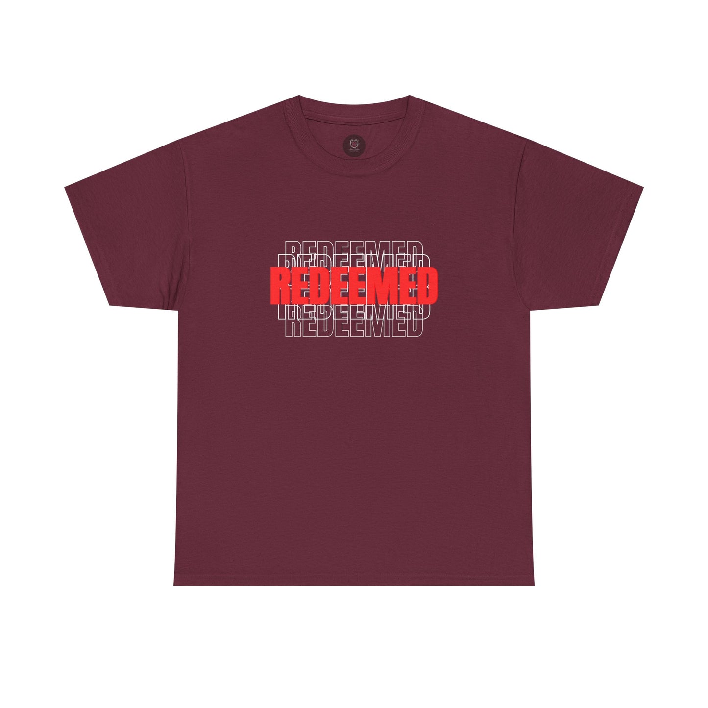 Redeemed Graphic Tee — Bold Layered Text Christian T-Shirt