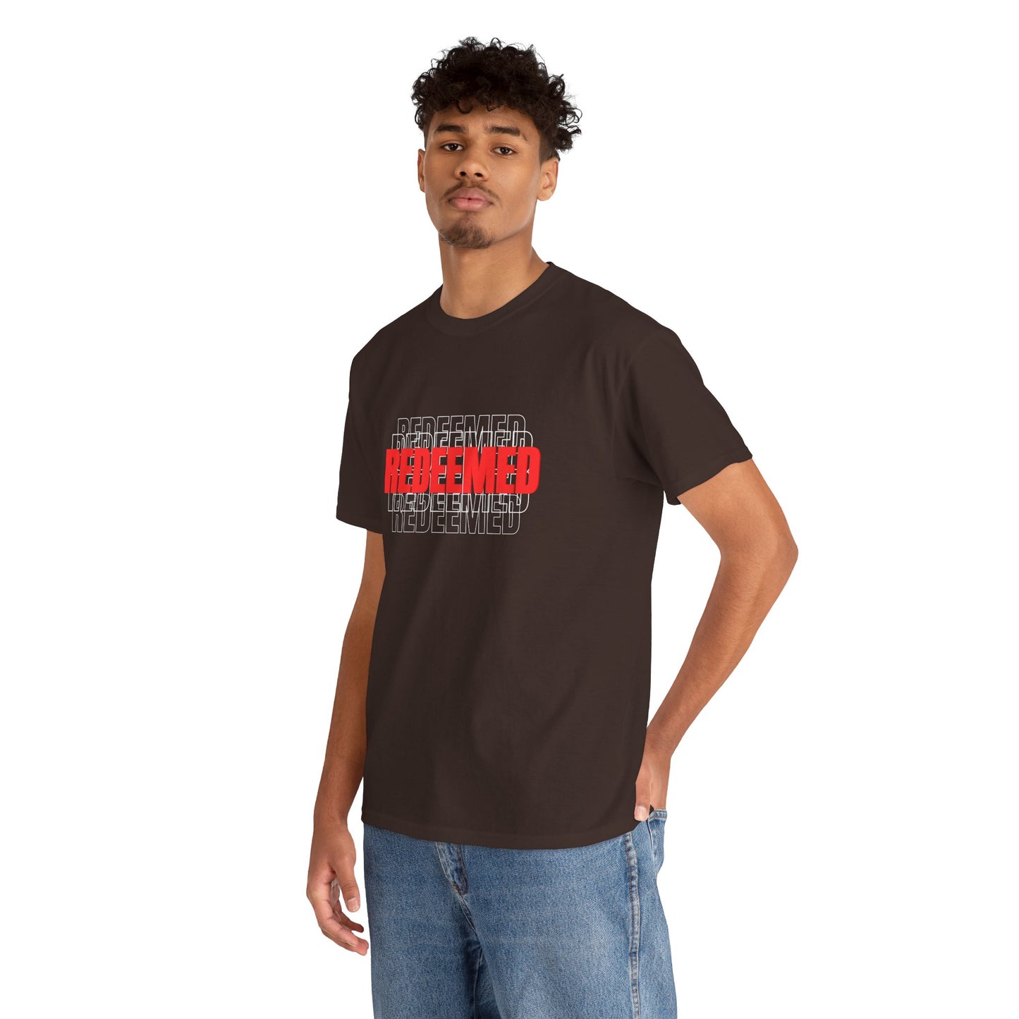 Redeemed Graphic Tee — Bold Layered Text Christian T-Shirt