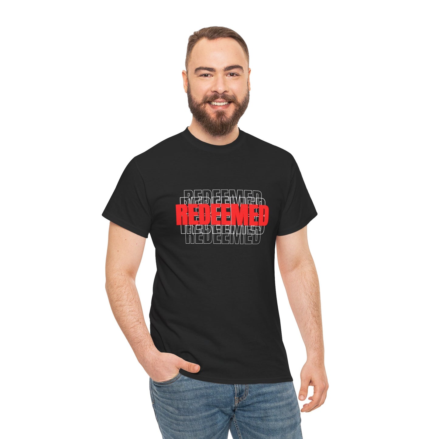 Redeemed Graphic Tee — Bold Layered Text Christian T-Shirt