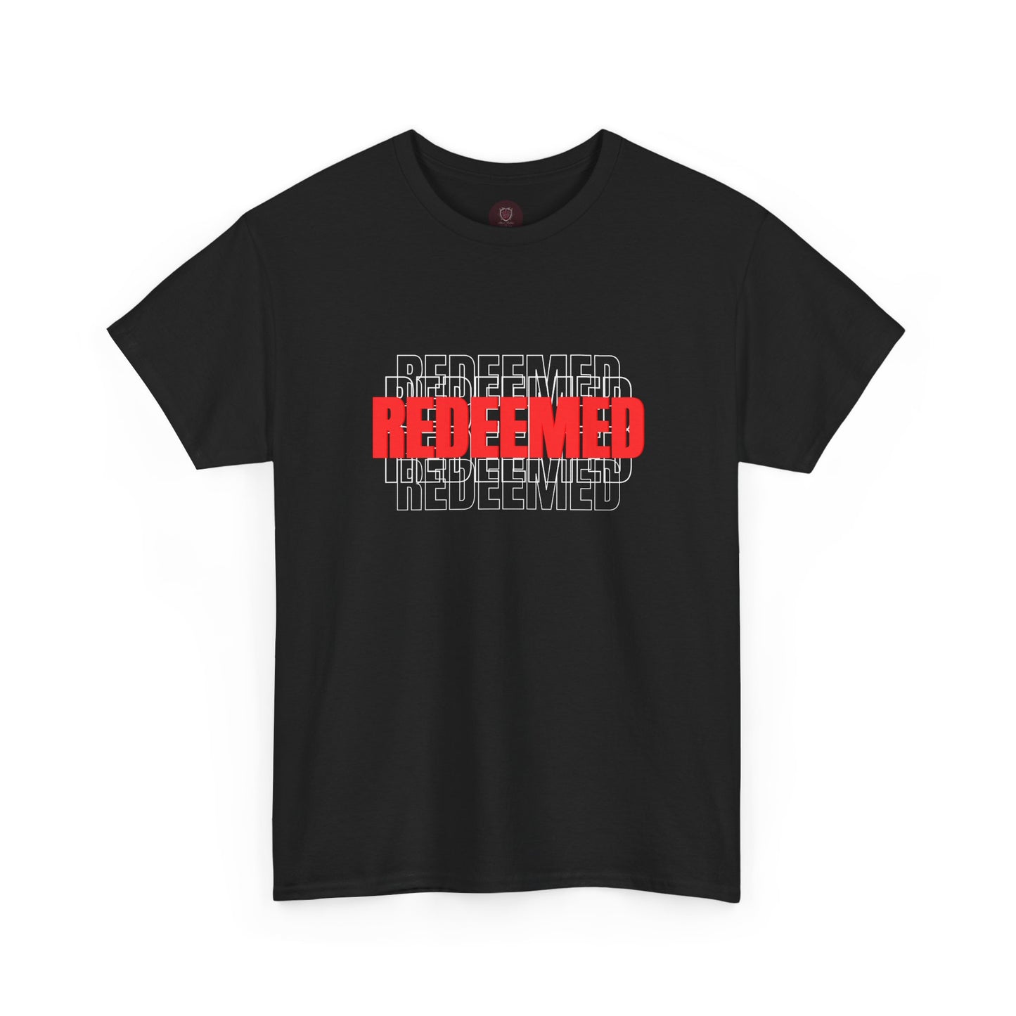 Redeemed Graphic Tee — Bold Layered Text Christian T-Shirt